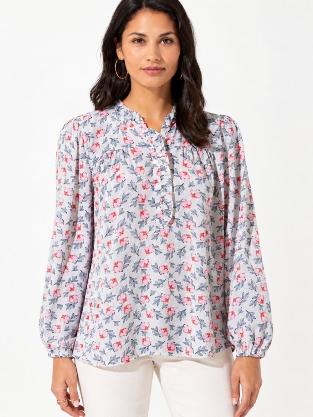 LOFT Floral Ruffle Henley Mixed Media Blouse Whisper White M NWT